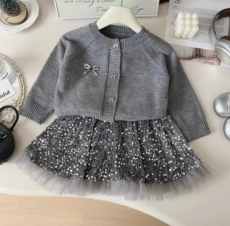 New Baby Girls Fall Fashion Boutique Sets,  Knitting Cardigan + Sequined  Skirts   , Princess Elegant Suits 2-8 T