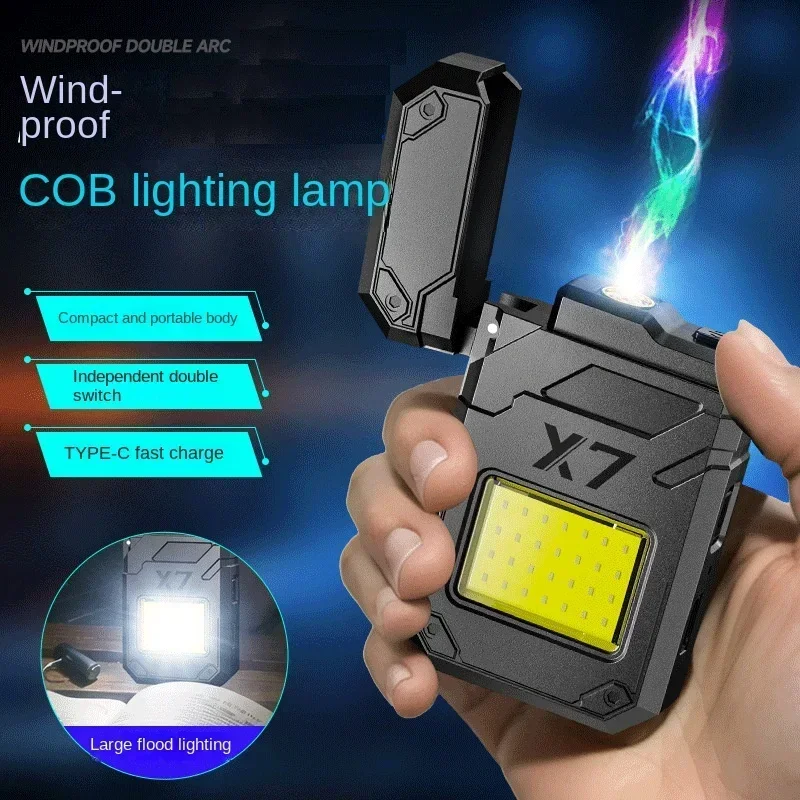 New Arc Lighter Windproof COB Lighting Light Type-c Rechargeable Outdoor Multi Functional Lighter Flashlight Mini Keychain Light