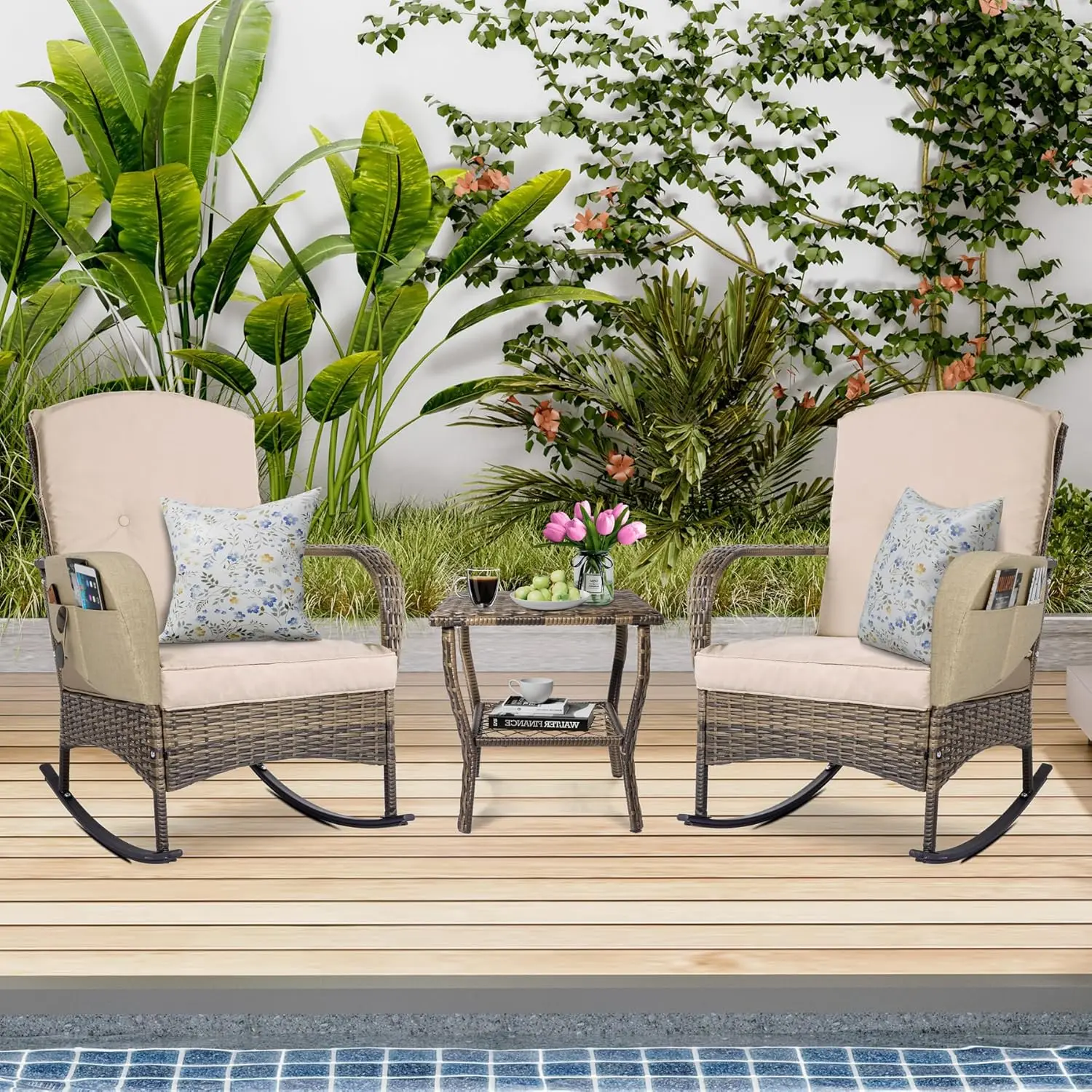 Outdoor Wicker Almofada Rocker Furniture Set, Patio Furniture Set, Rocker com mesa lateral para varanda e jardim, Piscina