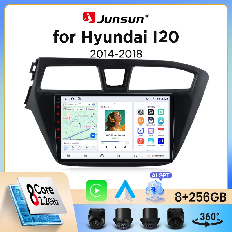 Junsun Wireless CarPlay Android Auto Autoradio für Hyundai i20 Mk2 (GB/IB) 2014-2020 mit eingebautem Lüfter, Android GPS-Navigation, Multimedia-Player, WiFi, DSP, RDS, BT, SWC, IPS-Touchscreen,