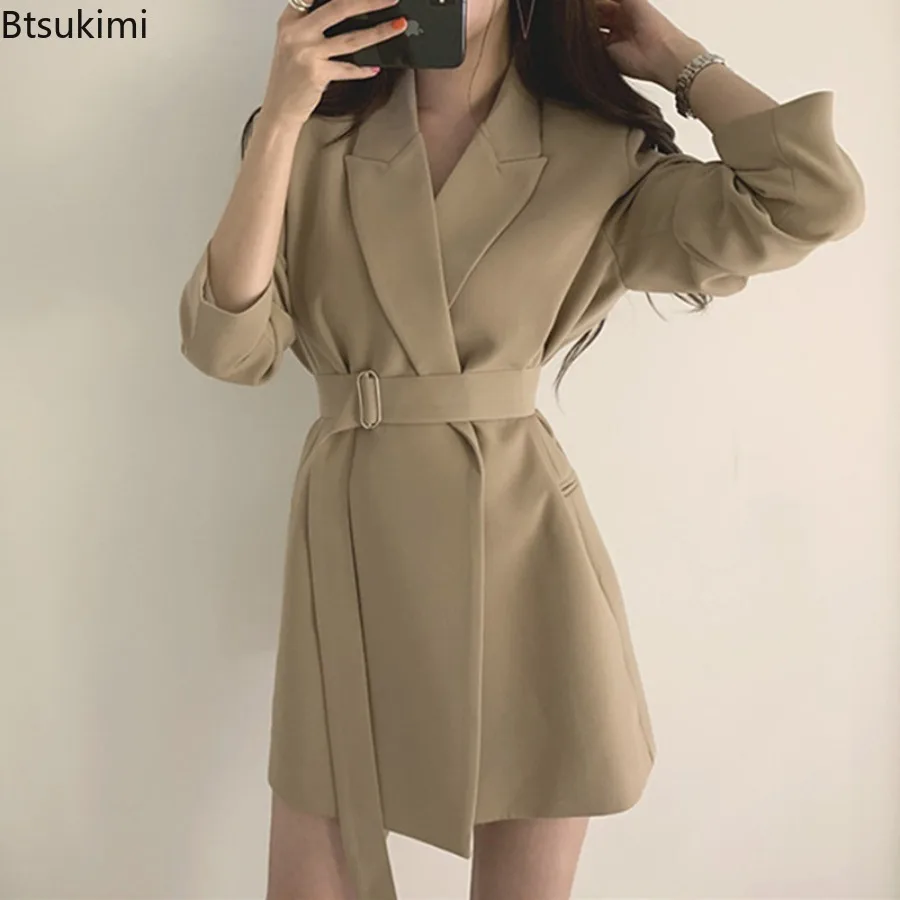 2025 chique vintage com cinto estilo coreano feminino casual ins terno jaqueta casaco longo fibra de poliéster manga cheia botão decoração