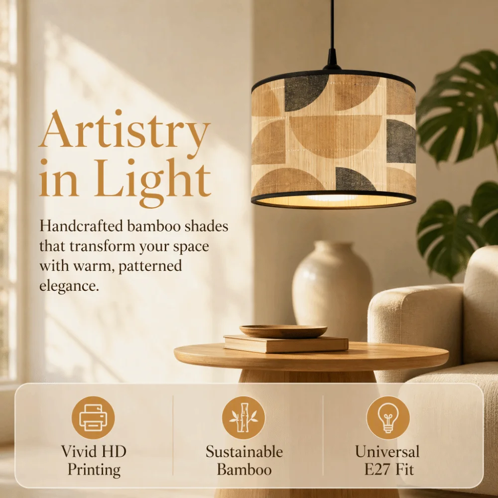 Handmade Bamboo Lampshade Long-Lasting Hangable Pendant Chandelier Abstract Line Pattern Greenery Patterned Lamp Shade Hotel