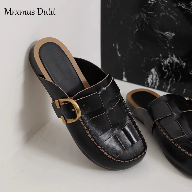 MrxmusDutit 2023 Summer New Fashion Women New Genuine Leather Weave Flat Slippers Sandals Versatile Casual Burkane Shoe Female