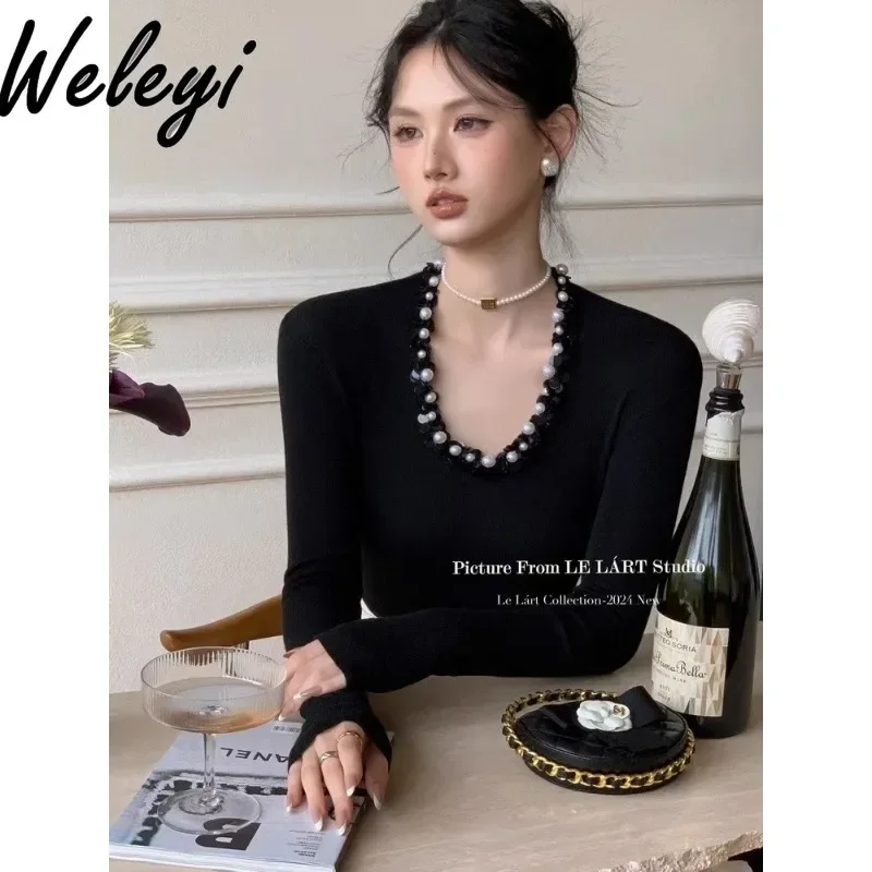 

Simple Pearls Sequined Knitted Sweater Women 2024 Early Autumn New Temperament Premium U-neck Long Sleeve Knitwear Top Female