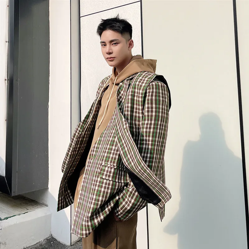 

Spring New Sle Casual Korean Version Men's Plaid V-Ne Two-Piece Suit Jaet Top Outerwear Trendy Loose Fit Regular Length