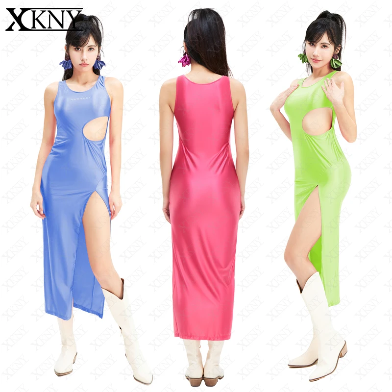 XCKNY Glossy Dress High Elastic Oil Glossy Smooth Long Skirt Tight High fork Tank Top Hollow Out Dress Beach Dress