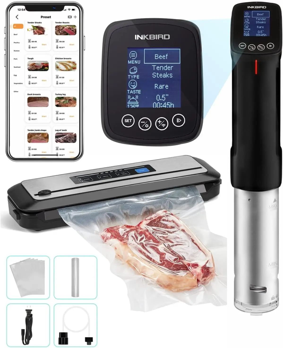 Vacuum Sealer Machine, Inkbird Sous Vide Cooker 1000W w/Recipes on APP Preset Cooker | Automatic Air Sous Vide Vacuum Sealing