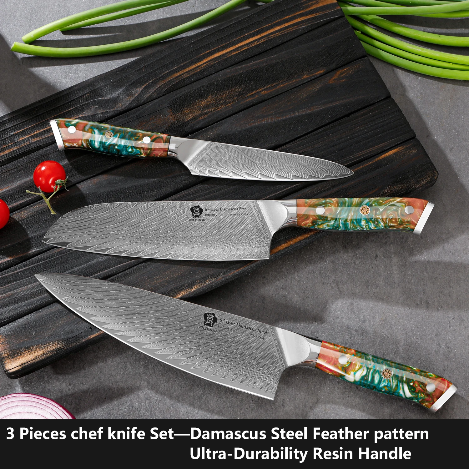 WILDMOK Set of 3 Damascus Knife Set, Japanese Damascus VG10 Steel Core, Professional Chef Knife Set and Full Tang Resin Handle