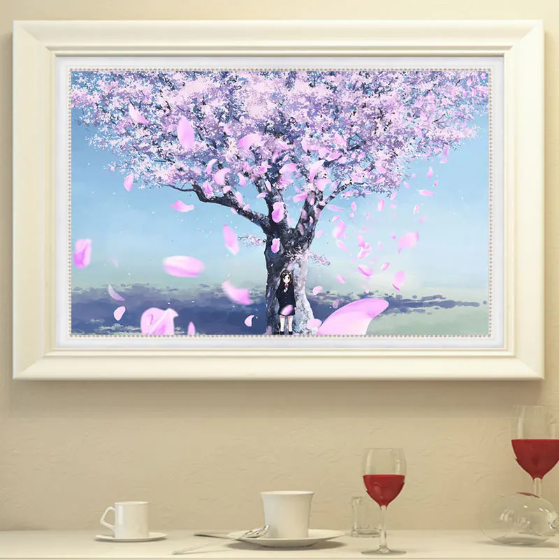 Cartoon Style Diamond Painting the Girl Under the Cherry Tree Is Full Drill Diamond Embroidery and Romantic Hanging Painting