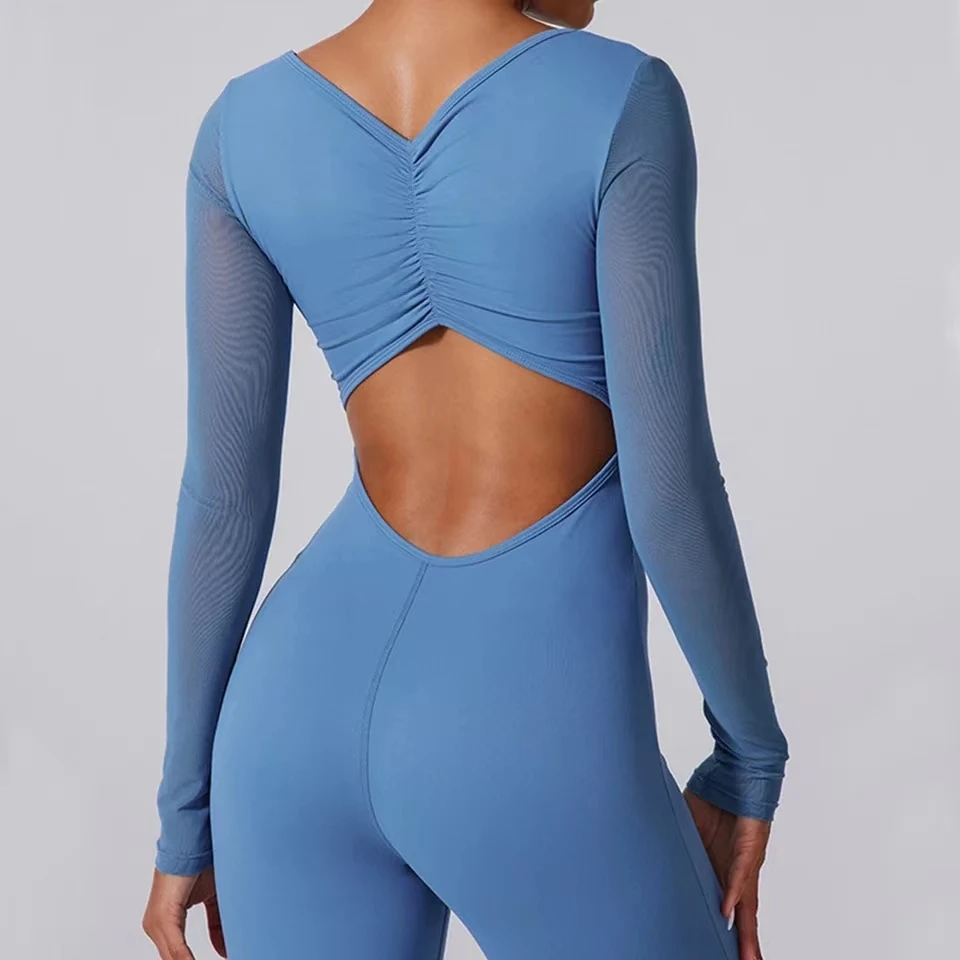 Yeni ped örgü uzun kollu gömlek kadın spor Yoga seti kıyafet Fitness egzersiz Legging tek parça tulum spor spor Bodysuit