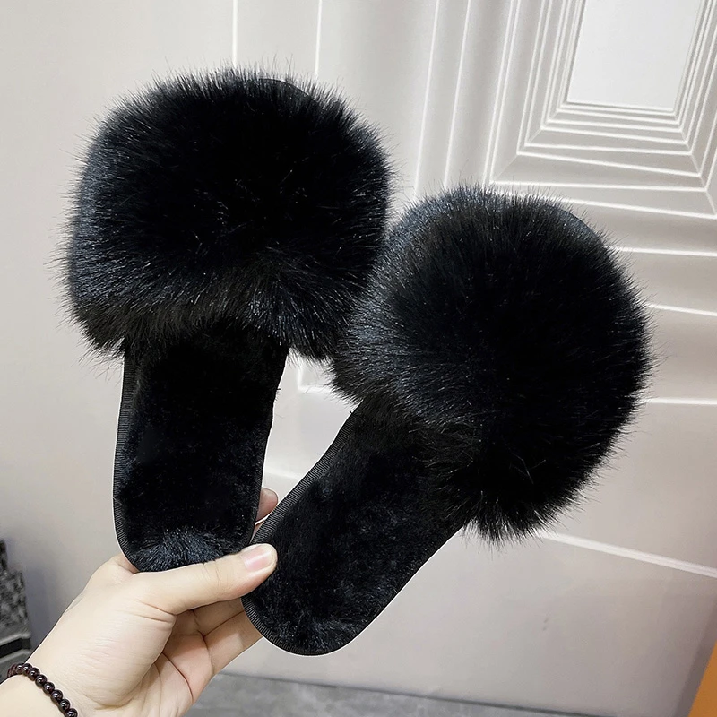 Women\'s Home Slippers Winter Pink Fur Kawaii Flats Furry Elegant Comfortable Soft Shoes for Woman  and Low Price