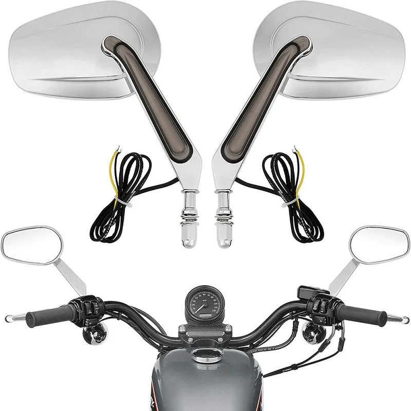 Par de espejos retrovisores para motocicleta con luces LED intermitentes para Harley Davidson, negro y cromo, espejo lateral izquierdo y derecho