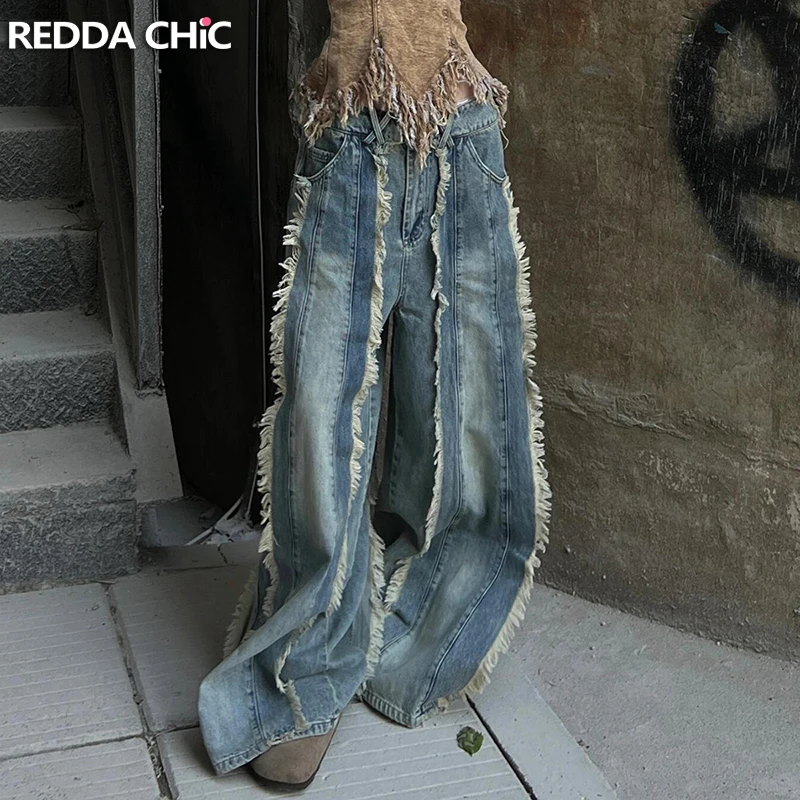 ReddaChic Women Stitch Raw Edge Baggy Jeans Plus Size High Waist Tassels Wide Leg Denim Pants Hip Hop Boyfriend Y2k Streetwear