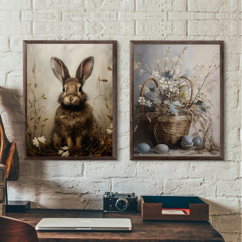 Vintage Spring Easter Egg Rabbit Bunny in Flower Field Hare Cottagecore Poster Canvas Painting Wall Pictures Nursery Home Decor