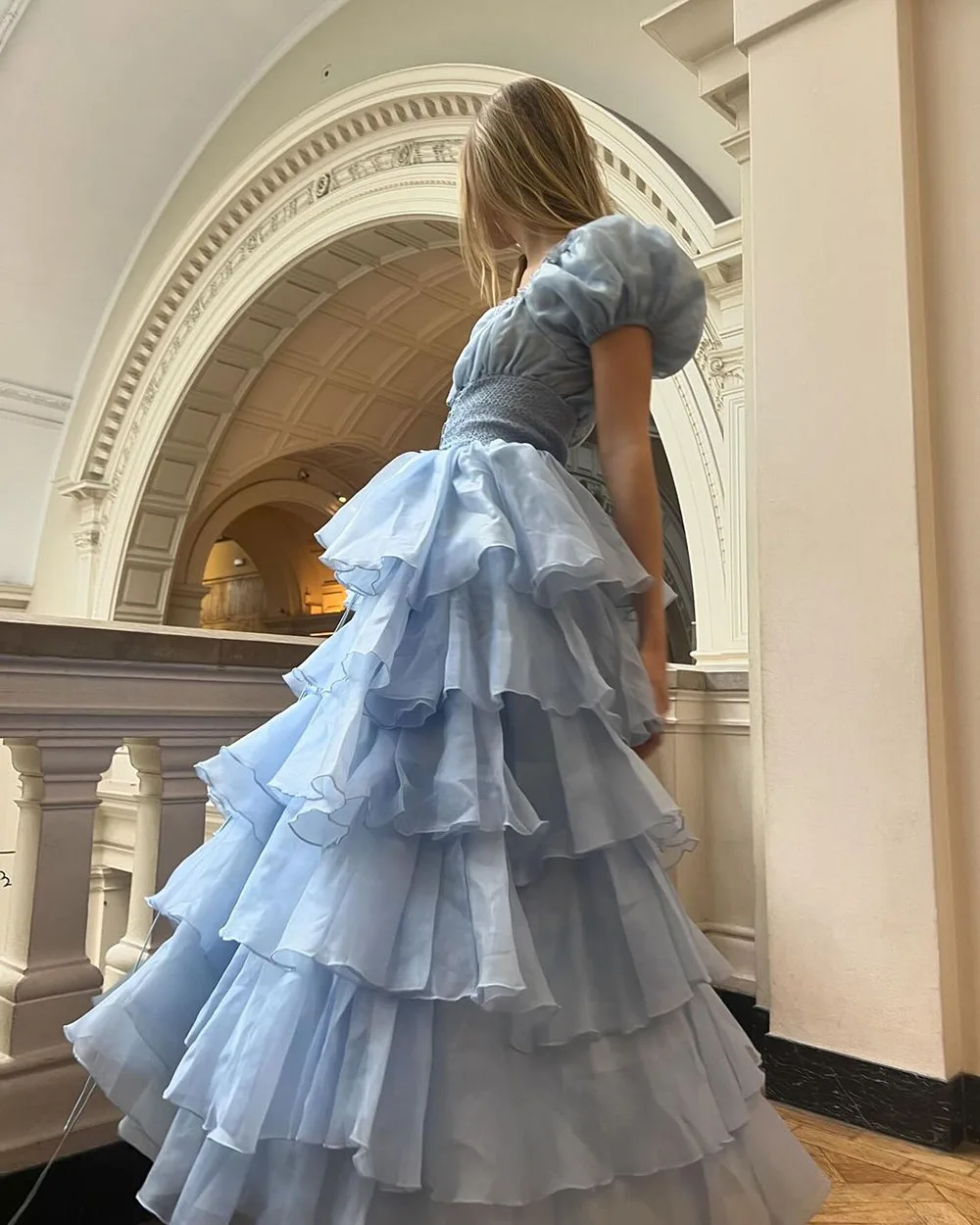 Msikoods Sky Blue Tiered Skirt Prom Dresses 15 Quinceanera Dresses Puff Short Sleeves Lace Up Formal Party Gowns Birthday Dress