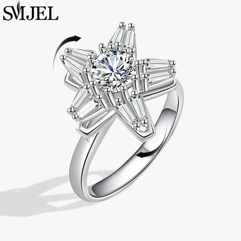 SMJEL Luxuriöse Kristall-Angstlöse-Drehringe für Frauen, niedlicher Sakura-Gänseblümchen-Rosen-Blumen-Drehring, Anti-Stress-Geschenk