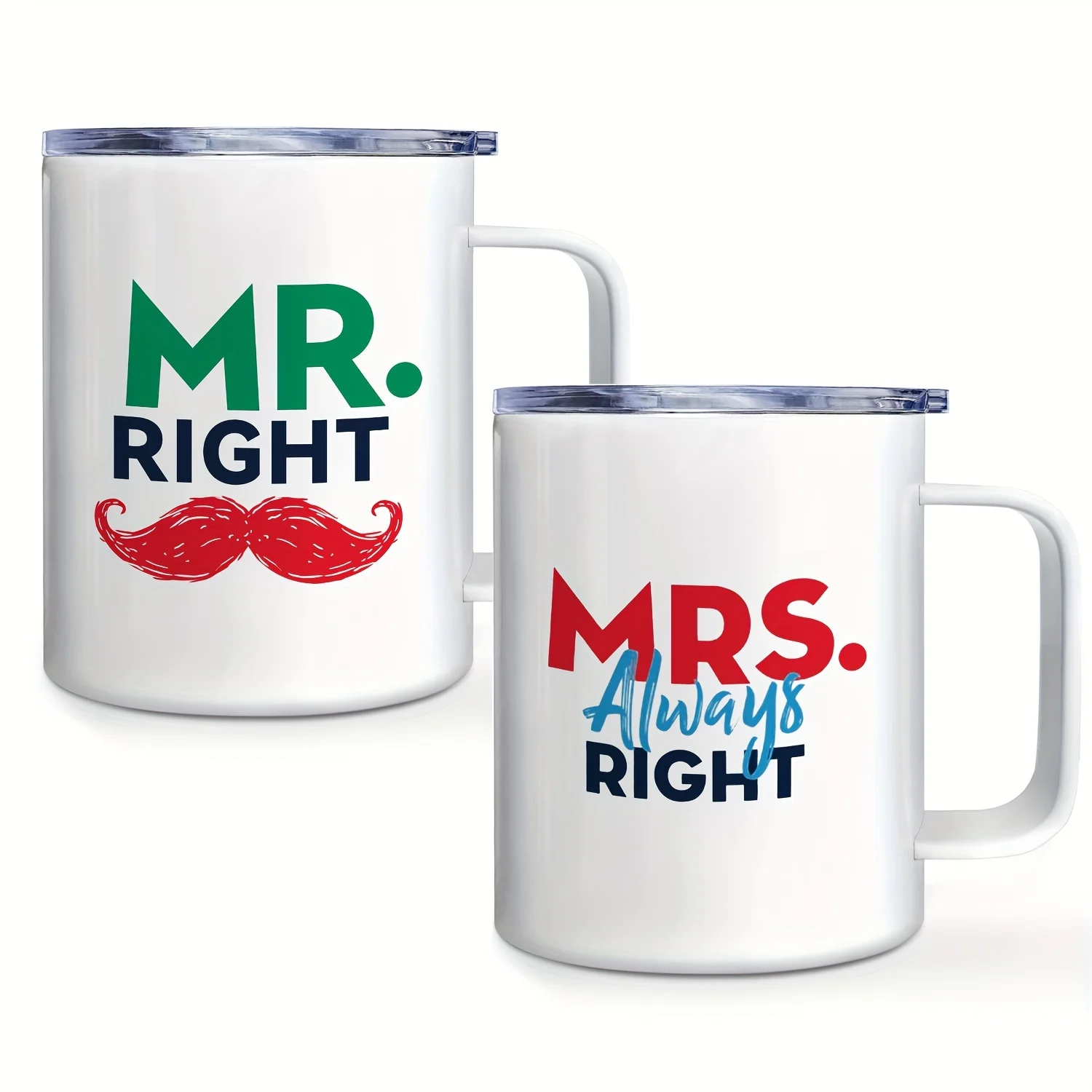 Mr. Right & Mrs. Always Right Stainless Steel Coffee Mug Set with Leak-Proof Lids - Reusable | Ideal Christmas Gift for Adults