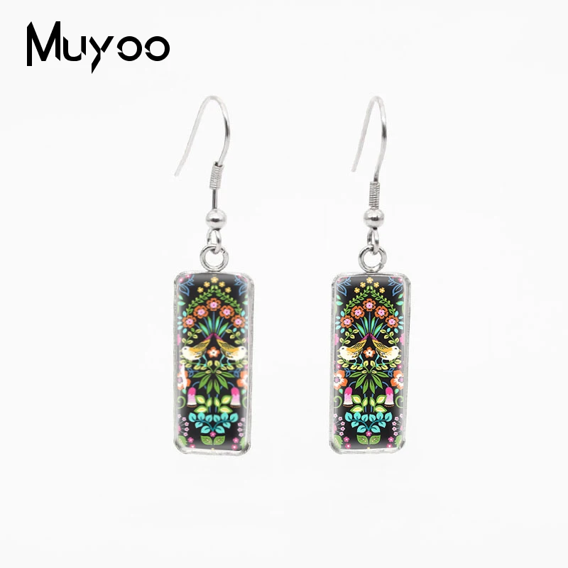 New Fashion Style Polish Folk Art Pattern Design Glass Cabochon Fish Hook Earrings Rectangle Shaped Pendants Jewelry Earrings