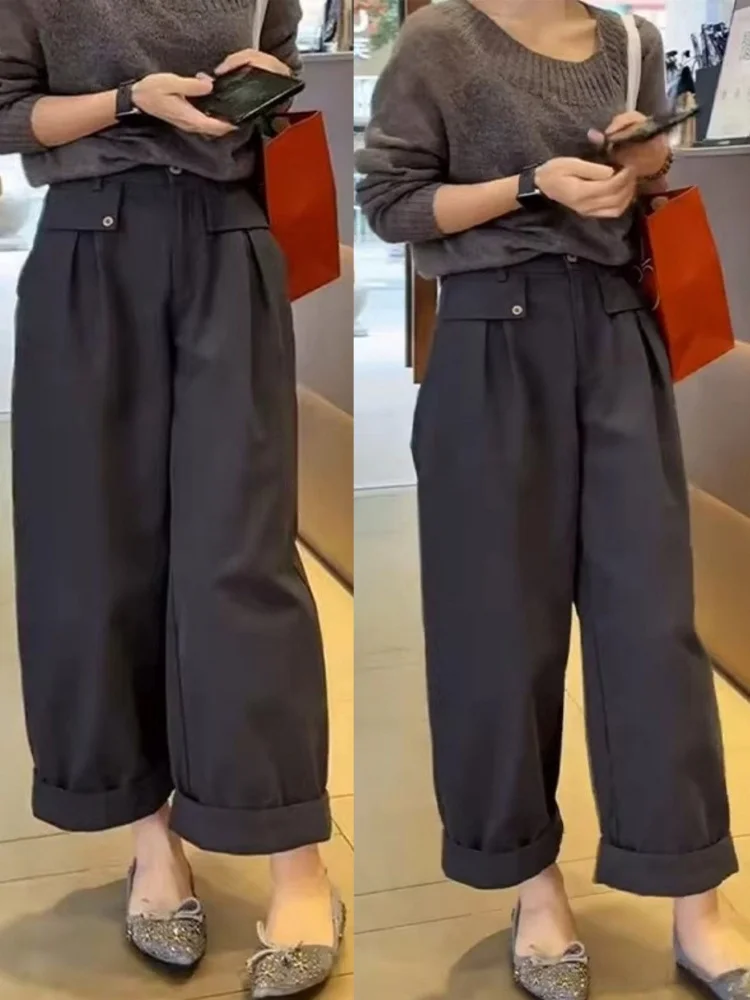 

Gray High Waist Wide Leg Knife Pants Women's Summer Casual Straight Harem Pants Cuffed Hem Loose Fit Slimming Style 2026 New