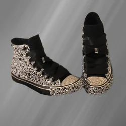 Handcrafted black diamond-filled party personality canvas shoes large size high top lace-up casual sports women's shoes 35-46