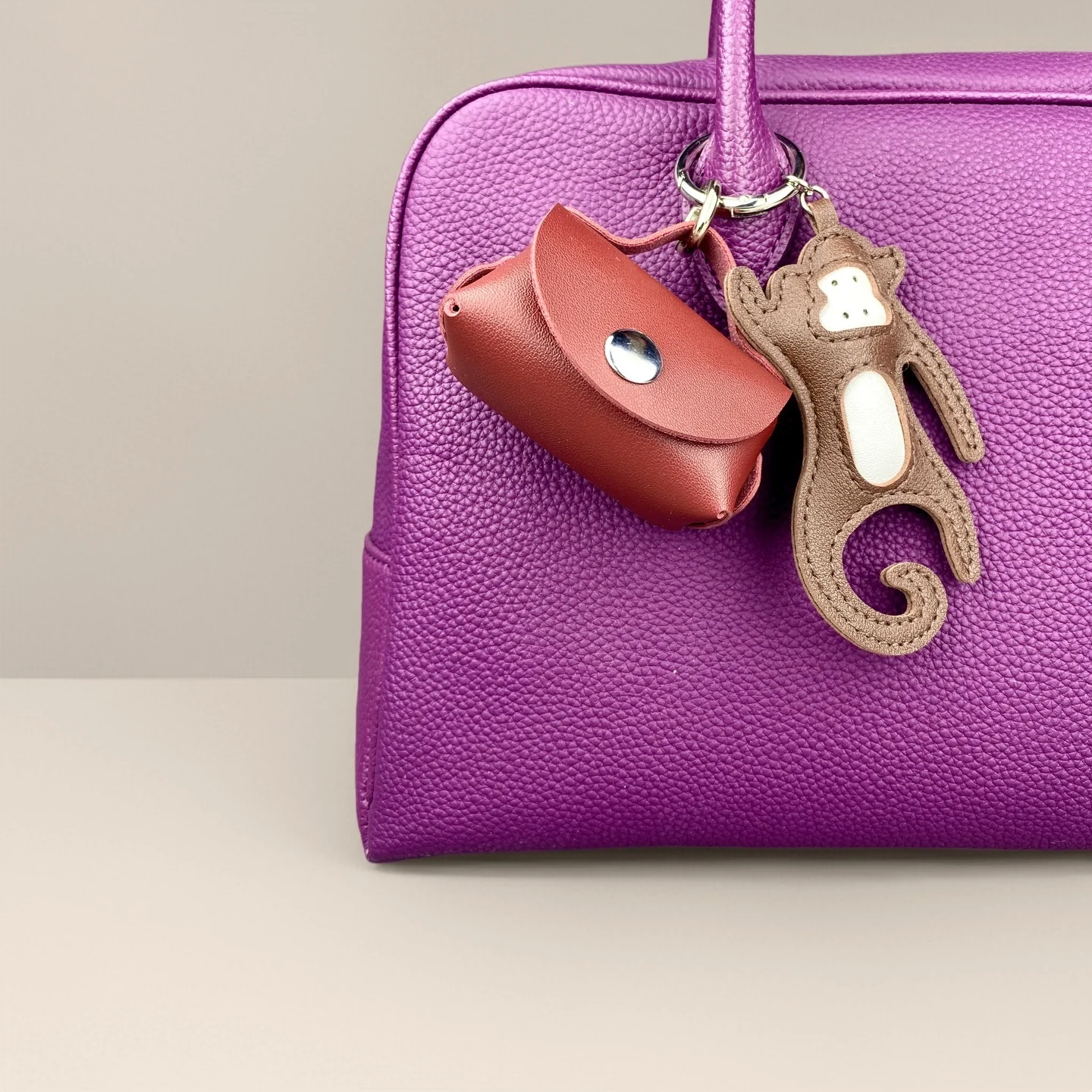 

Handcrafted PU Leather Monkey Keychain/Headphone Case Pouch Set/Adorable Petite Monkey with Playful Curly Tail/Gift/Accessory