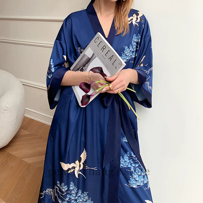 Blue Crane Robe Lady Leisure Kimono Bathrobe Gown Satin Sleepwear Nightwear Print Intimate Lingerie Nightgown Women Loungewear