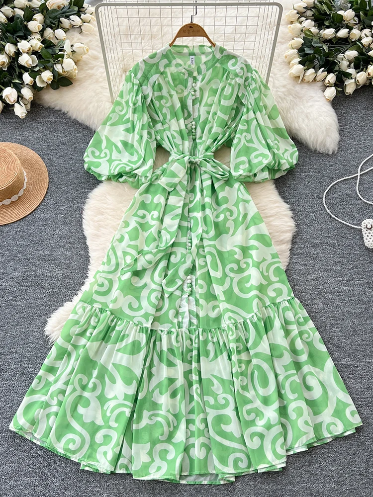 Zomer Franse chiffon jurk met korte mouwen voor dames Strandvakantie Single Breasted Lantaarn Mouw Gedrukt Lange Jurk Vrouwelijke J61