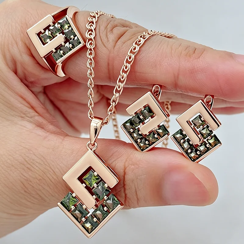 Kinel 585, conjuntos de joyería de boda de Color oro rosa, anillo de circón Natural verde oliva, pendientes, collar para mujer, joyería fina