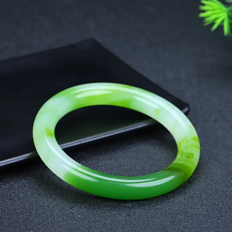 

New Natural Green Agate Thin Round Bar Bracelet, Classic Retro Ethnic Style Jade Bracelet