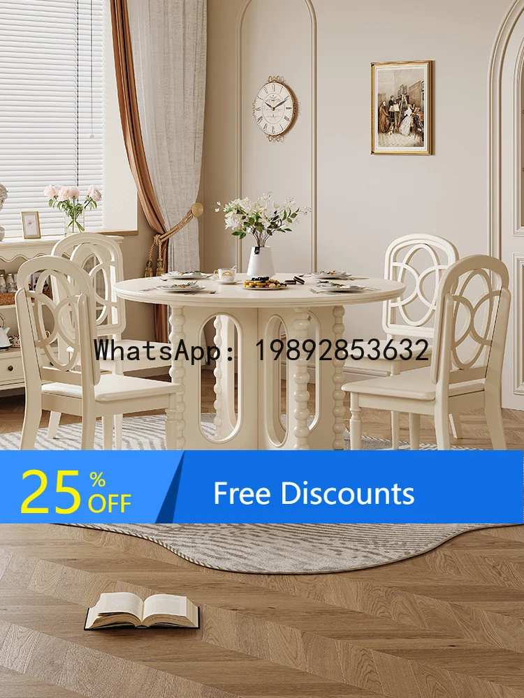 

YFY French Cream Style Solid Wood Round Dining Table and Set for Small , Simple White Dining Table for Home Use