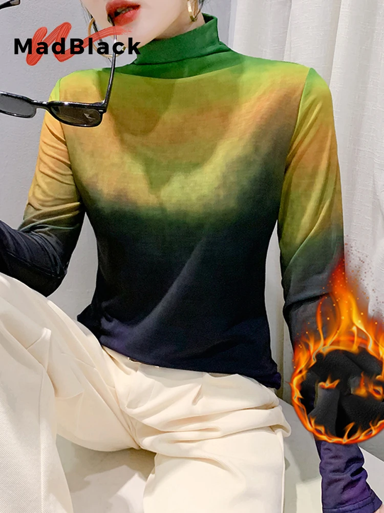 

MadBlack-Women European Fleece T-Shirt, Sexy Turtleneck Print, Vintage Long Sleeve Slim S-3XL Mesh Tee, 2025 Autumn New T5N475CC