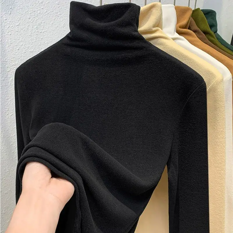 Women's Turtleneck Solid Color Patchwork Bottom Thick Autumn and Winter 2023 New Commute Long Sleeve Pullover Slim T-Shirts Tops