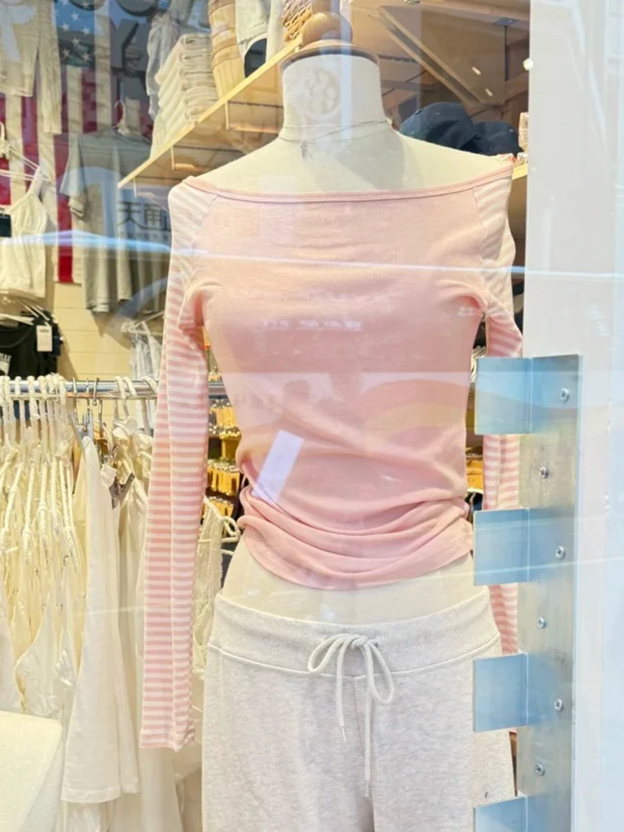 الوردي المرقعة كم طويل تي شيرت المرأة مائل الرقبة القطن سليم تي شيرت الإناث الحلو الشارع الشهير Vintage التي شيرت Y2K بلايز جديد