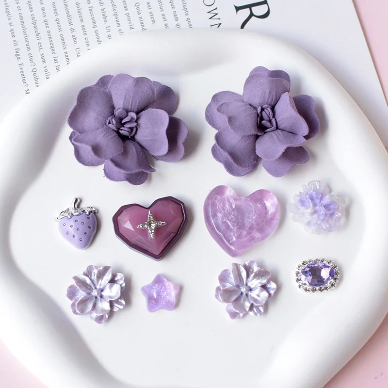 WFFNNKC 10Pcs Purple Resin Flatback Charms Flower Heart Star Strawberry Rhinestone Cabochons For DIY Phone Hair Jewelry Making