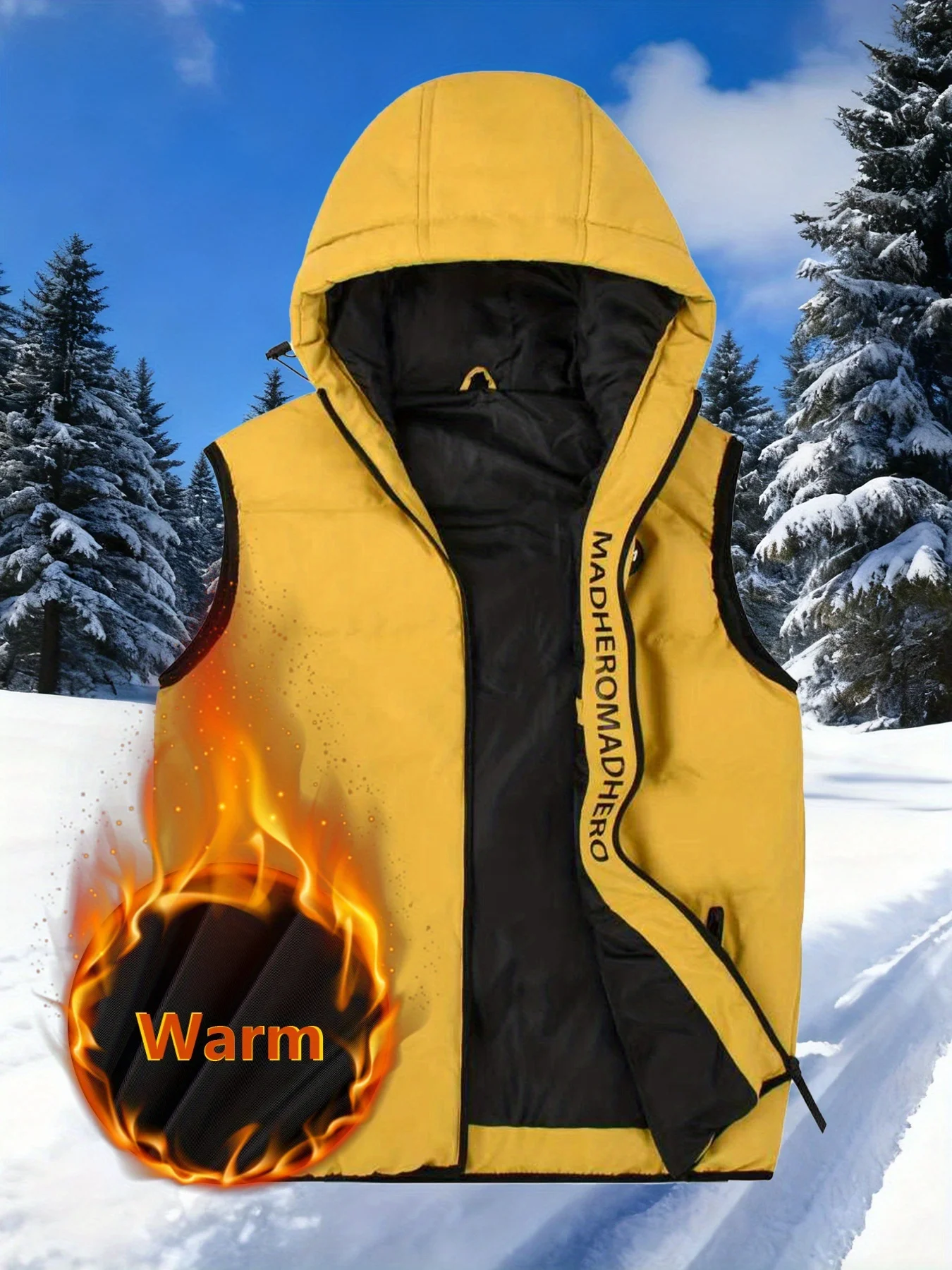 

Men's winter warm quilted down vest, sleeveless zipper, hooded design, with multiple pockets, non-elastic fabric, casual style.