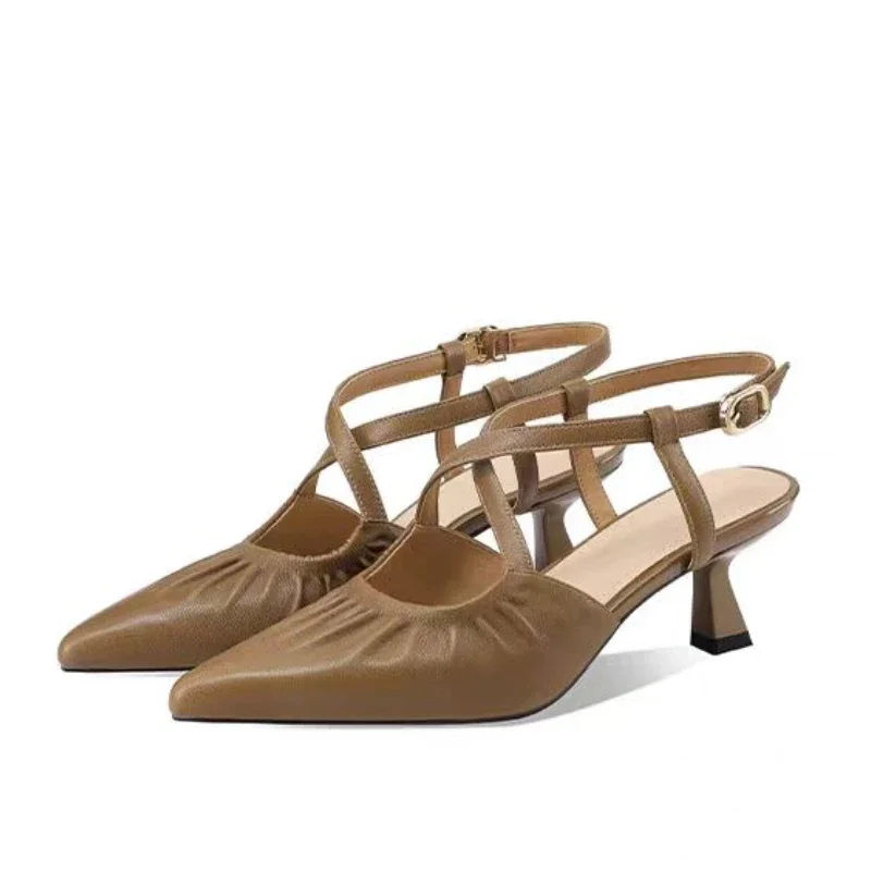 

Mid Heels Women's Sandals Pointed Toe Elegant Heeled Shoes 2025 Summer Fashion Brand Buckle Pumps Slingback Sandalias De Mujer