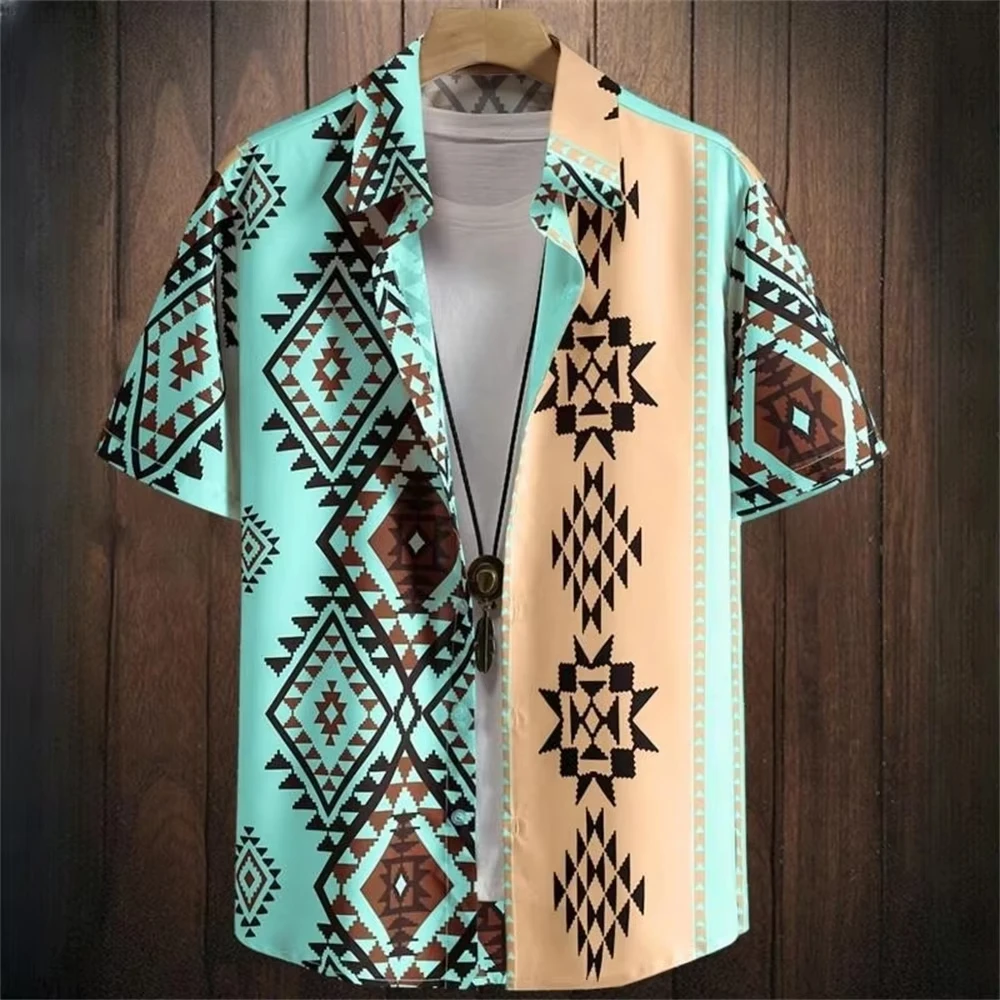 Geometric Pattern Print Hawaiian Shirts Men Women Fashion Short Sleeve Hawaii Shirt Vintage Beach Shirt Men Shirt Ethnic Street