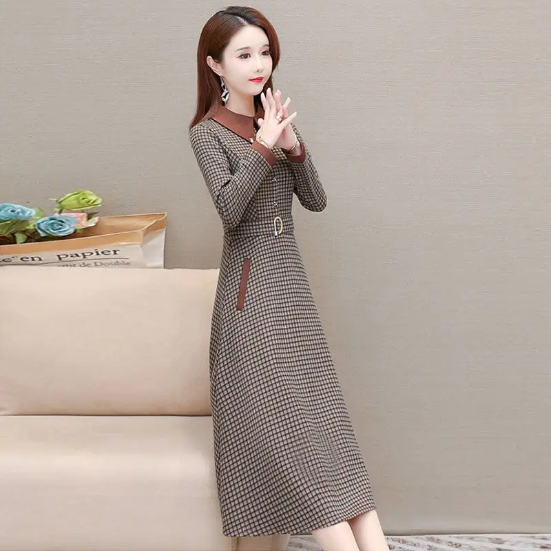 Women\'s Clothing 2023 Elegant Slim Temperament Fashion Casual Autumn Winter Thin Printing Patchwork Pocket Long Sleeve Dresses