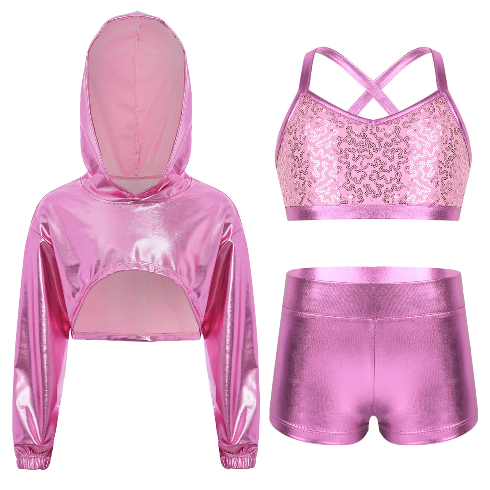 3 pçs/set crianças meninas hip-hop jazz dança desempenho traje manga longa metálico recortado hoodie com cruz de volta colete e calças
