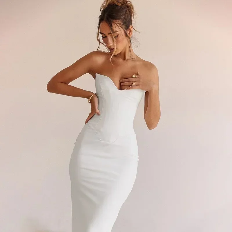 2024 Slim Bodycon Elegant Mermaid Dress Women Sexy Black Strapless Summer Nightclub Solid Party Dress Long Maxi Dresses Fishbone