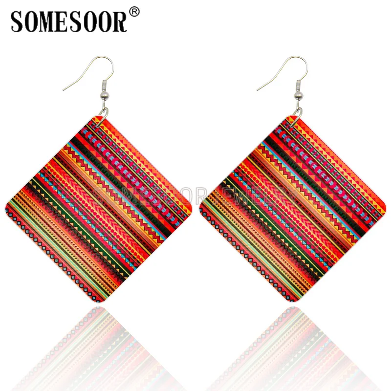 SOMESOOR Geometric African Fabric Style Bohemian Wooden Drop Earrings Afro Ethnic Square Pendant Dangle Jewelry For Women Gifts