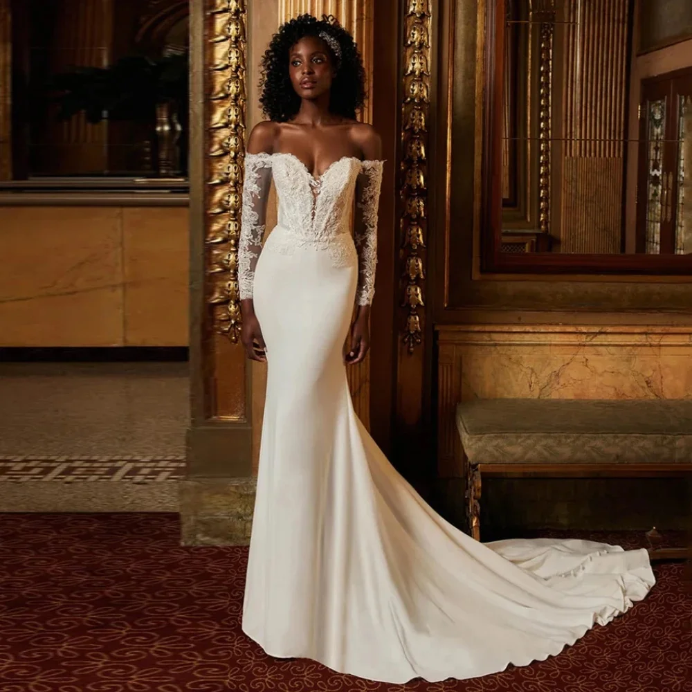 

Customized African Vestidos De Novia Long Sleeves Deep V Neck Lace Wedding Dresses Appliques Vestido De Noiva