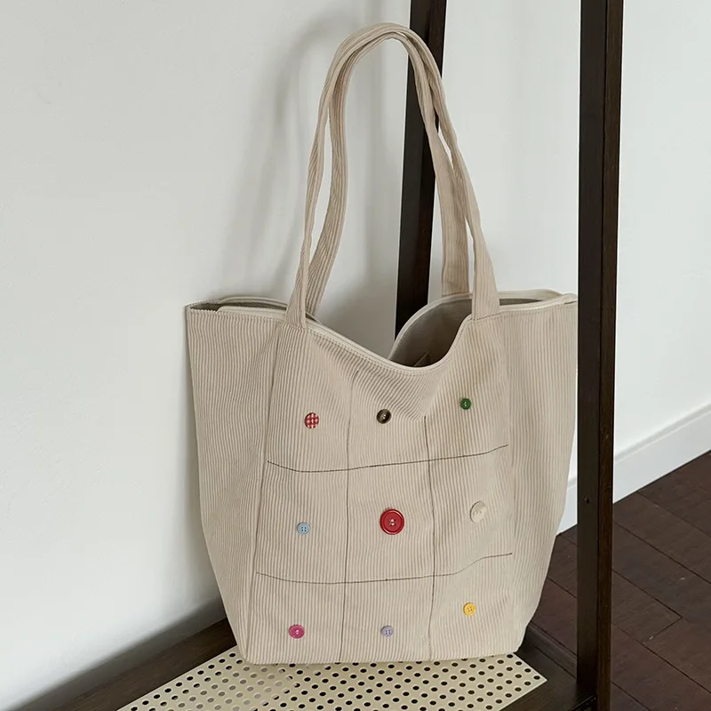 

Вельветовые сумки на плечо с пуговицами для женщин, студенческая большая вместительная сумка для девочек, простая женская сумка-ведро на молнии