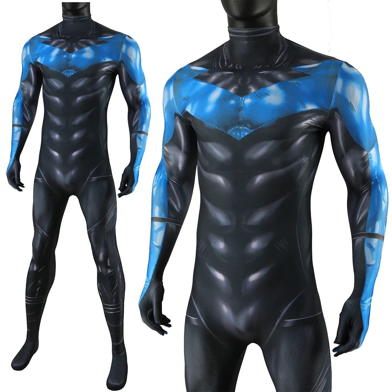 Blue Night Wing Cosplay Superhero Printed Spandex Zentai BodySuit Dick Grayson Costume Night Wing Outfit Halloween Costume Adult