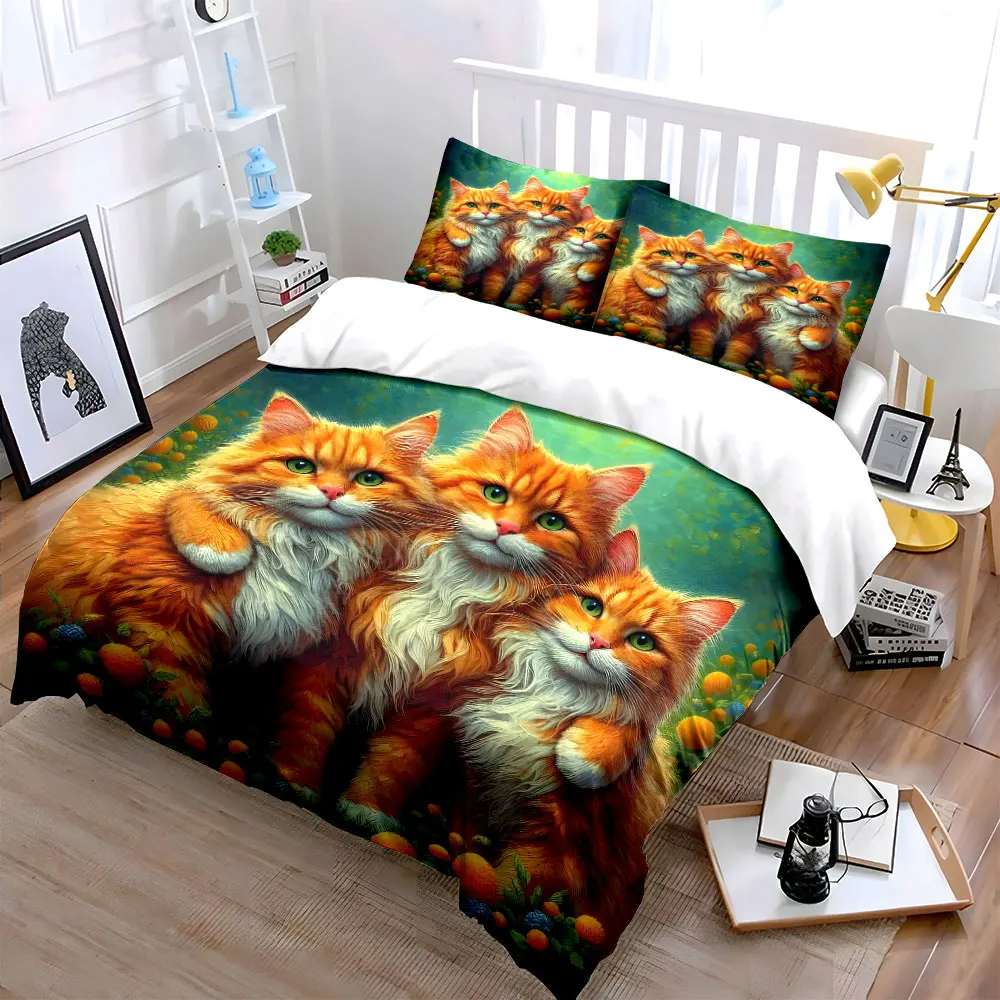 Three adorable ginger cats together Print Bedding Set 1 Duvet Cover 2 Pillowcases for Adult and Children Luxury Gift Full Size