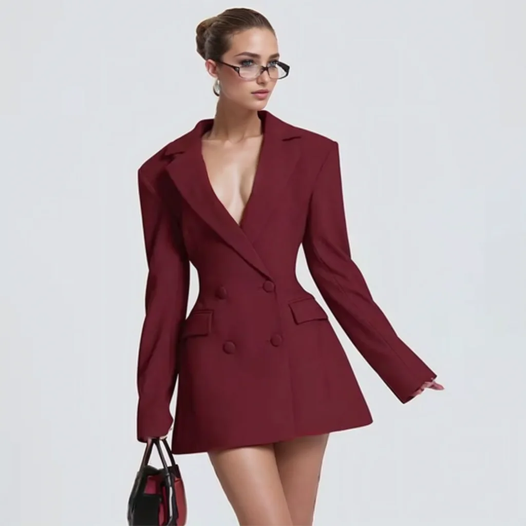 

2026 Office Lady Waist Cinching Slim Fit Blazers Dress Female Elegant Lapel V-neck Double Breasted Vestidos Street Suit Jackets