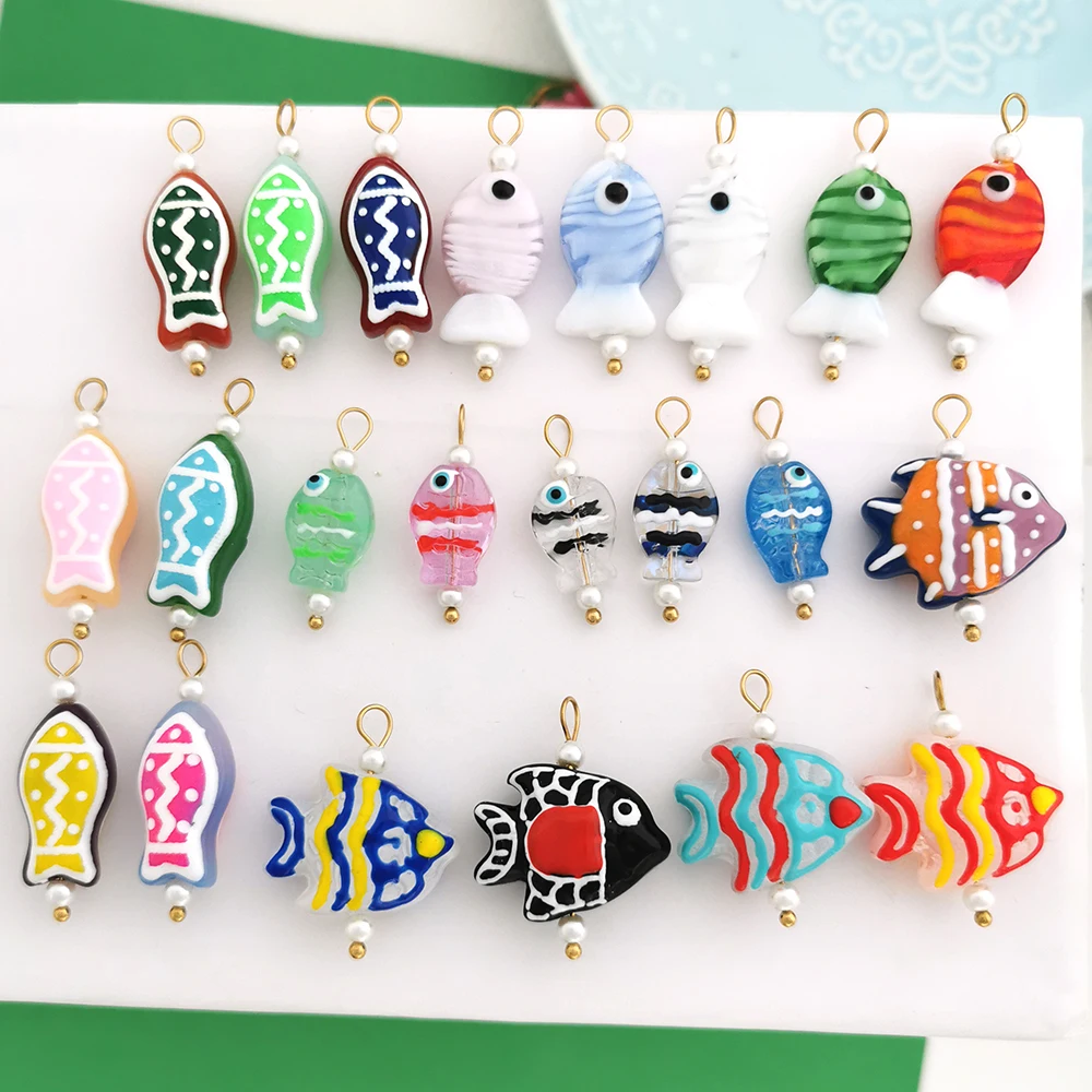 1pc Glass Pendant Charm Striped Fish Colorful Big Small Stainless Steel PVD Gold Color Necklace Imitation Pearl Wholesale