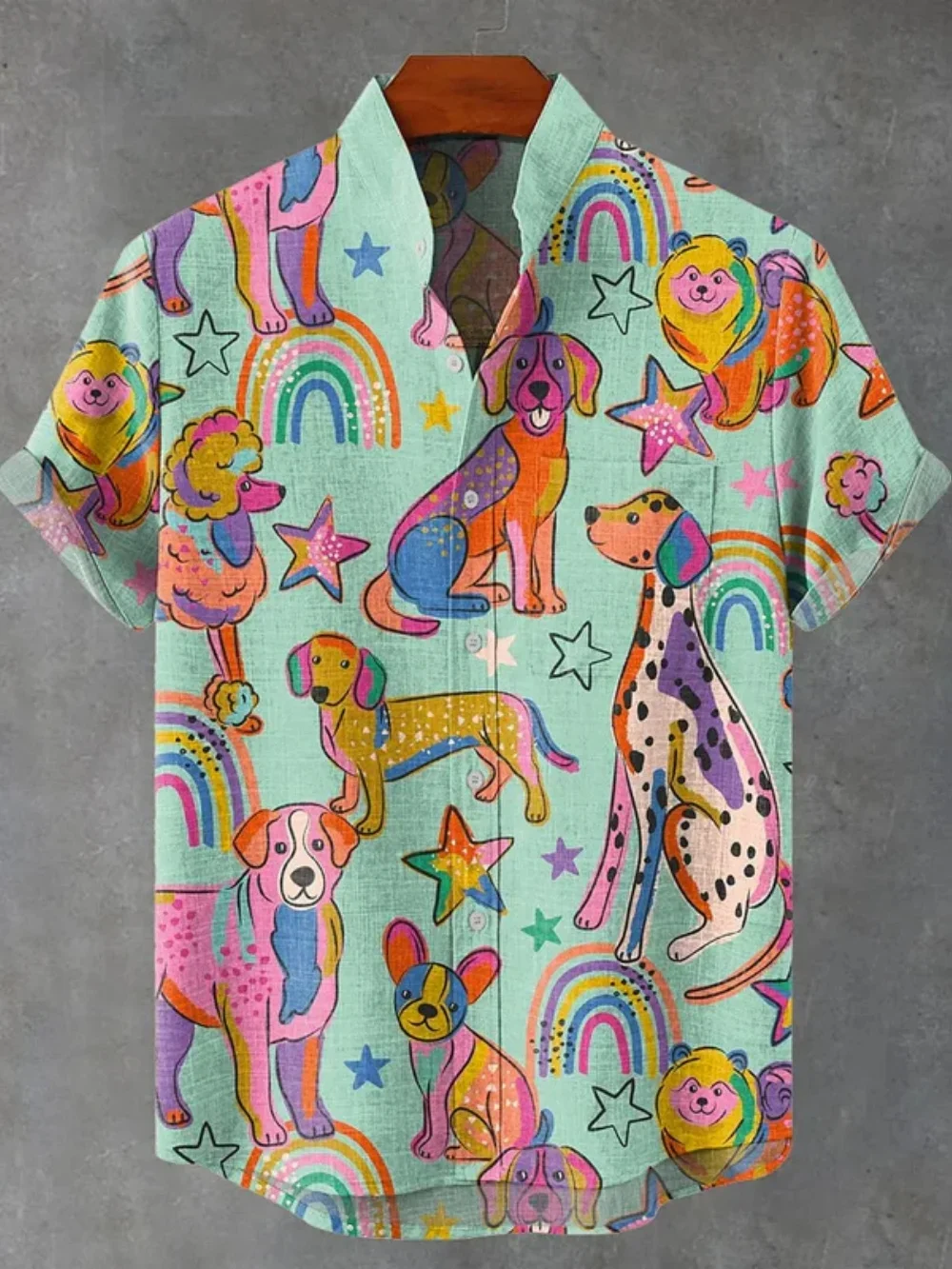 

Dog pattern linen men's short sleeved shirt, fashionable trend, loose top, street outdoor, casual and comfortable