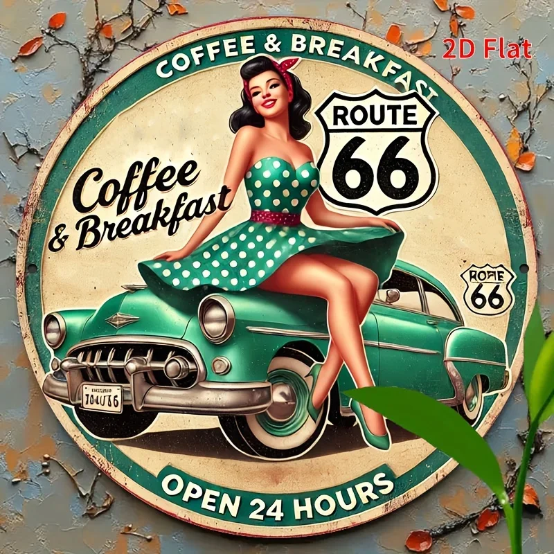Letrero retro de madera con diseño de la Carretera 66 para café y desayuno, ideal para decoración de pared en bares, cafeterías y hoteles.