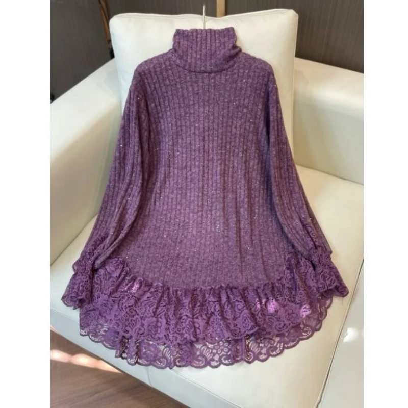 Jesienno-zimowe swetry damskie o średniej długości z golfem, nowa moda 2025, luźne, codzienne, koronkowe pulowery, bluzki, odzież wierzchnia damska.